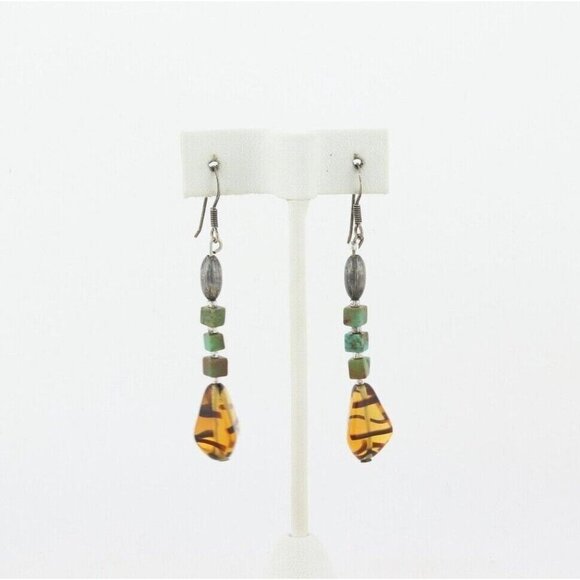 Sterling Silver Hematite, Turquoise and Amber Earrings Dangle Drop Earrings - Picture 6 of 7